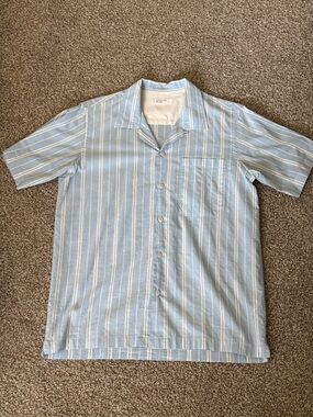 Universal Works camp Light Blue Striped Short-Sleeve Button-Up Shirt small